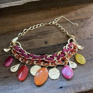 Gold Toned Necklace Boho Orange Pink Yellow Stone Braided Leather 18" Ad…
